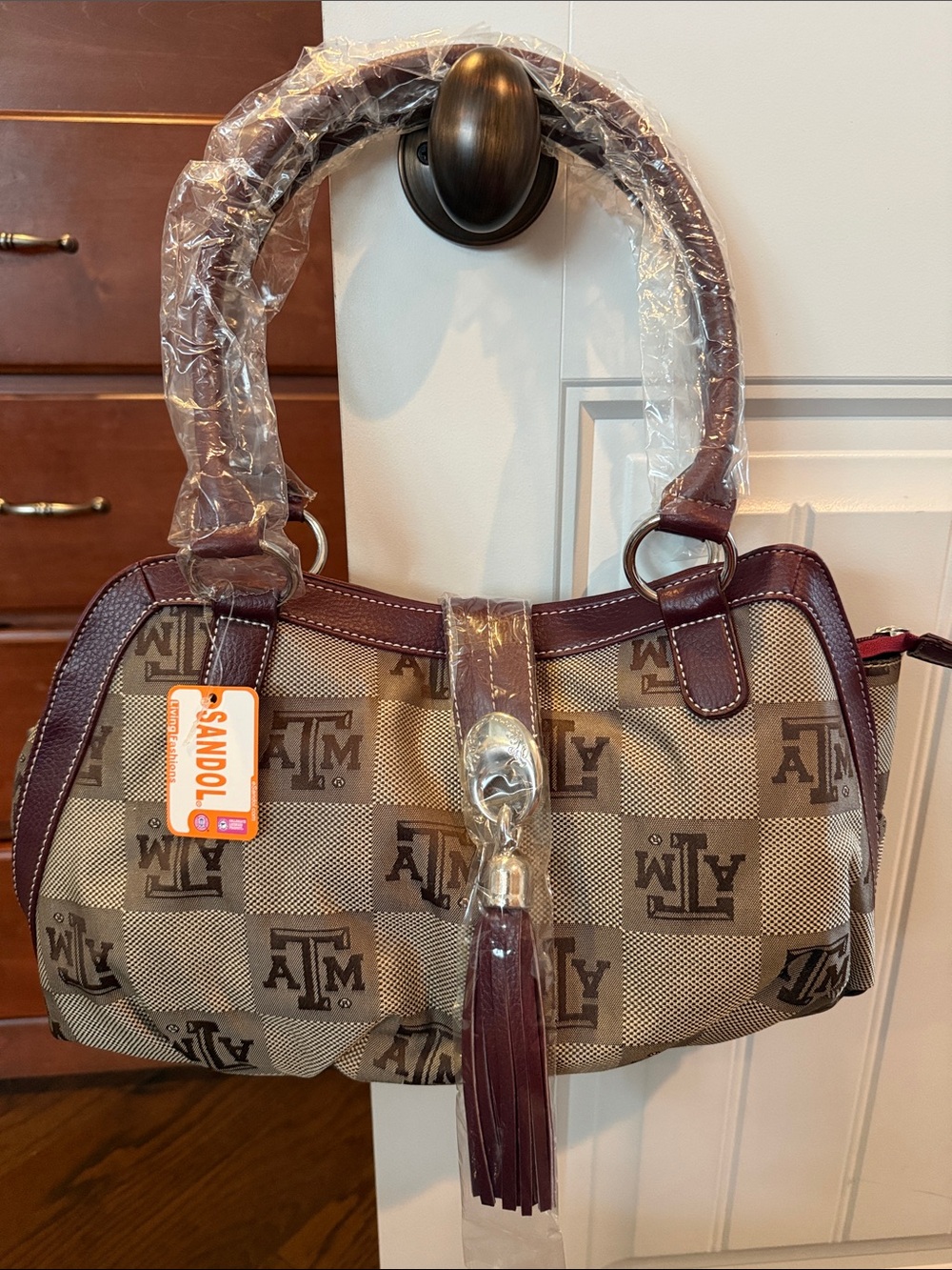 New Monogram Check Shoulder Bag with Burgundy Trim